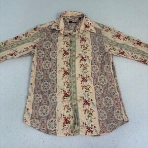 7 Diamonds Floral Paisley Stripe‎ Button Up Shirt Long Sleeve Beige Red Green L
